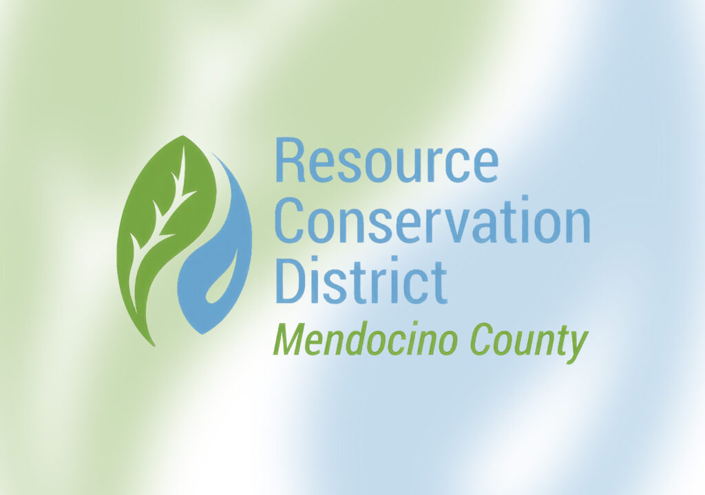 The logo for the Mendocino County Resource Conservation District features a green leaf and blue water droplet symbol on a soft gradient background.